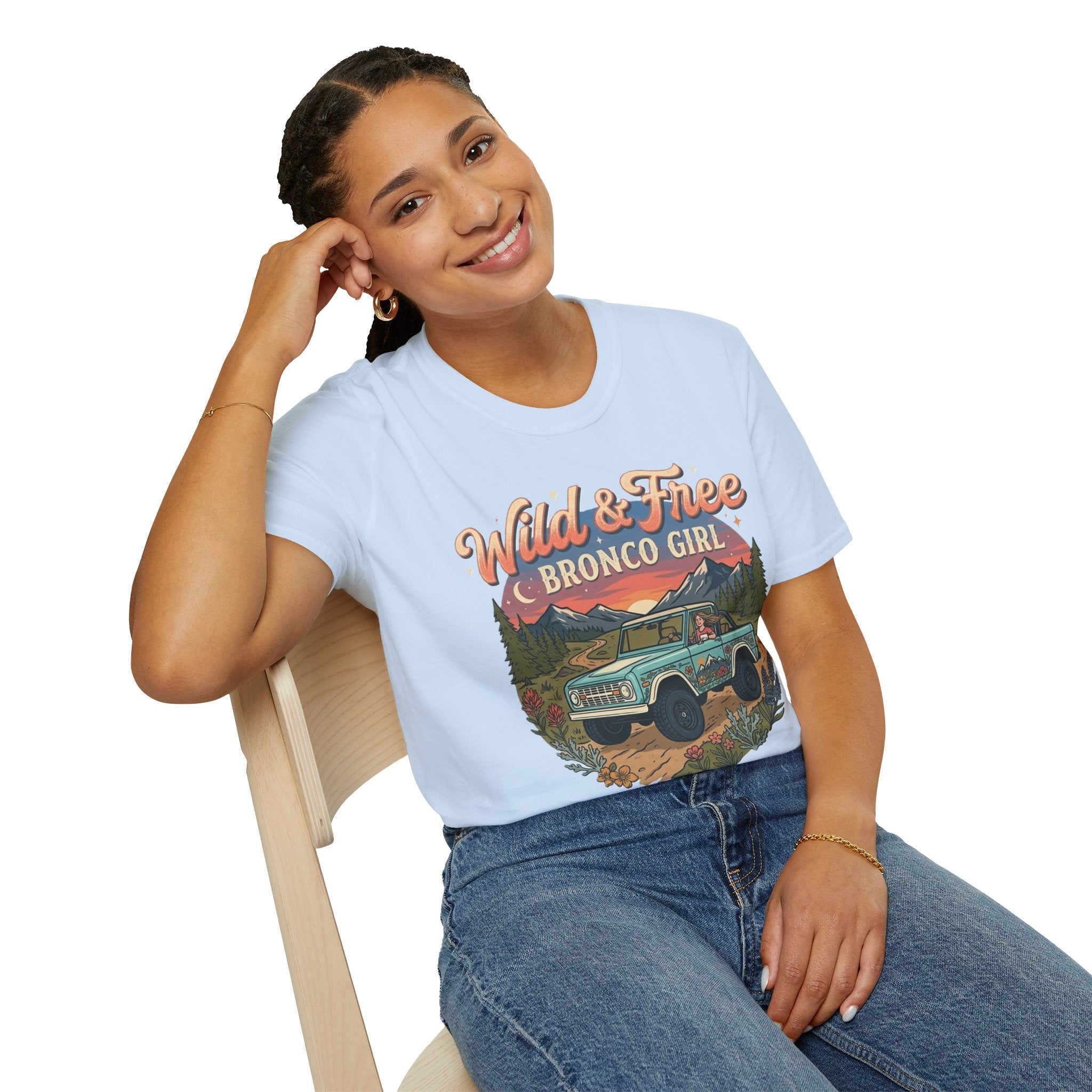 Wild & Free Bronco Girl Tee – Vintage Ford Bronco Women’s Off-Road Adventure Shirt