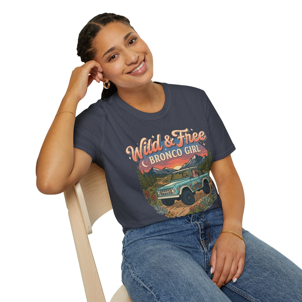 Wild & Free Bronco Girl Tee – Vintage Ford Bronco Women’s Off-Road Adventure Shirt