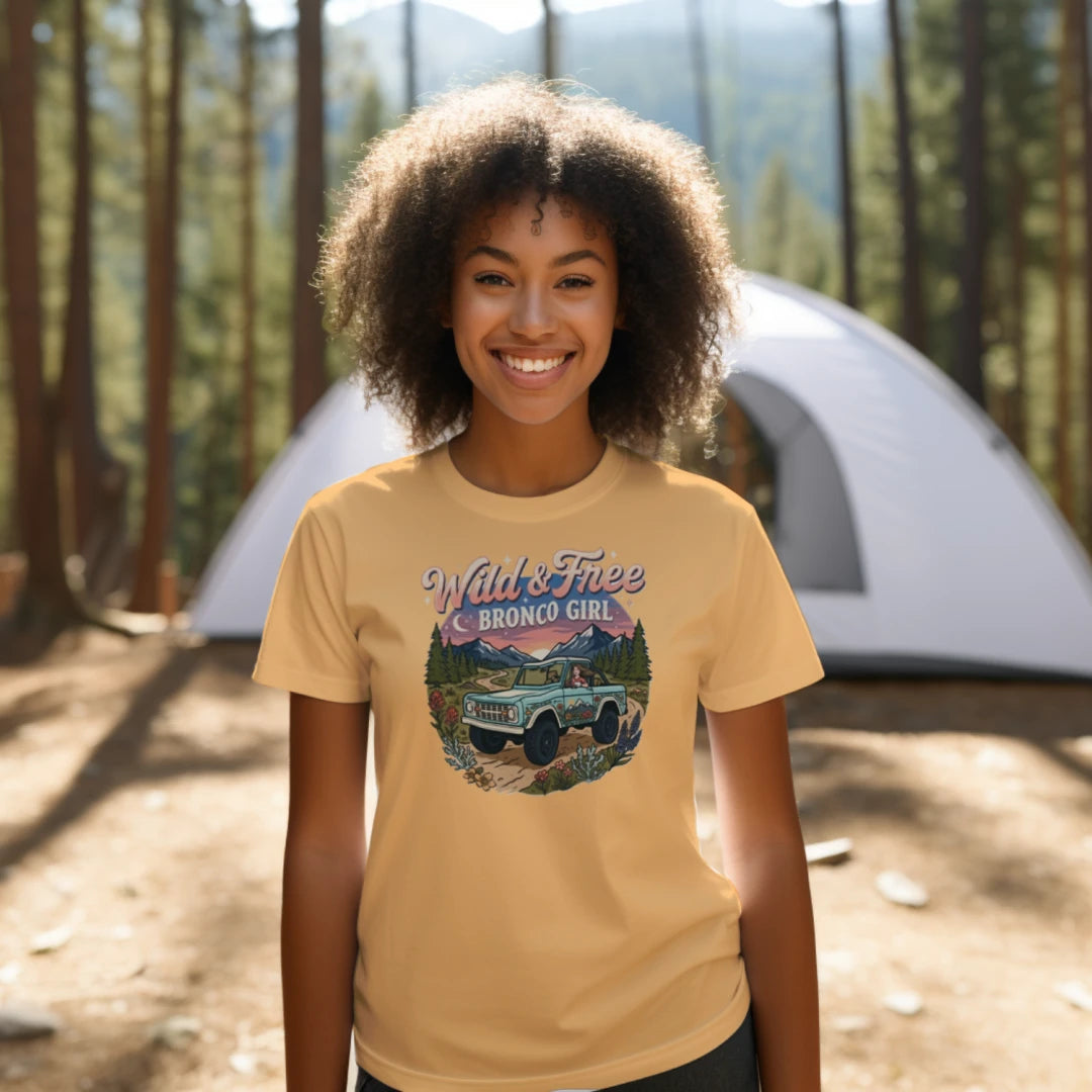 Wild & Free Bronco Girl Tee – Vintage Ford Bronco Women’s Off-Road Adventure Shirt T-Shirt