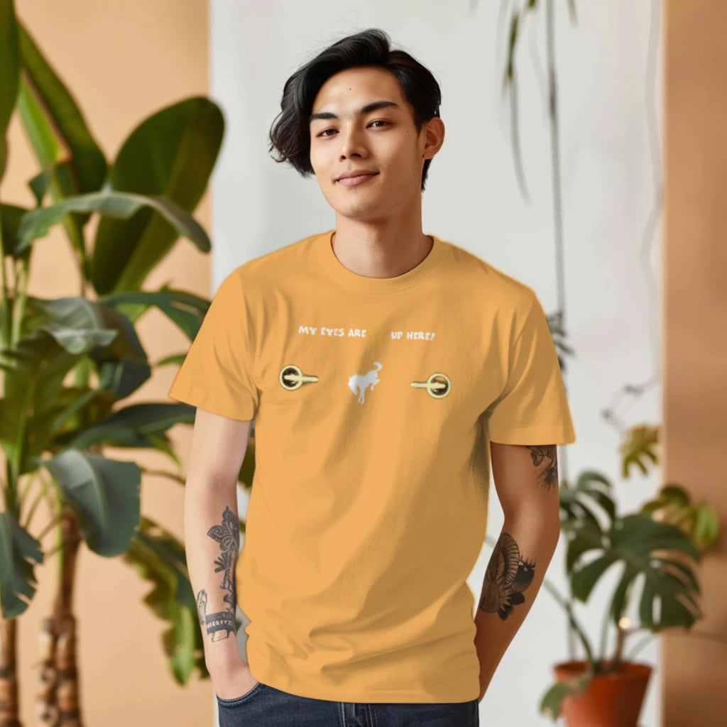 “My Eyes Are Up Here” Bronco Yellow Headlights Tee — The Ultimate Bronco Life Icebreaker T-Shirt