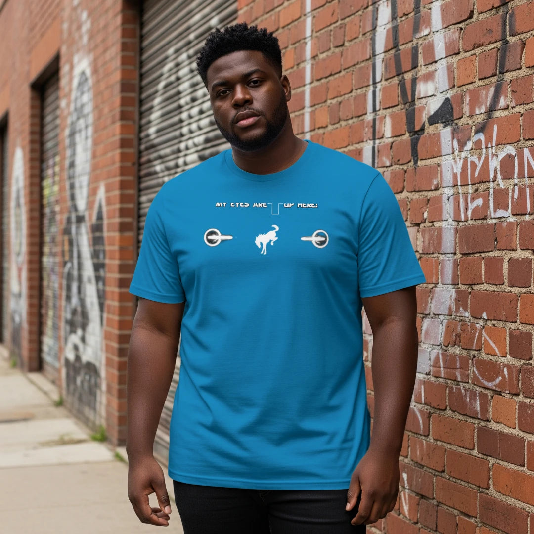 “My Eyes Are Up Here” White Bronco Headlights Tee — The Ultimate Bronco Life Icebreaker T-Shirt