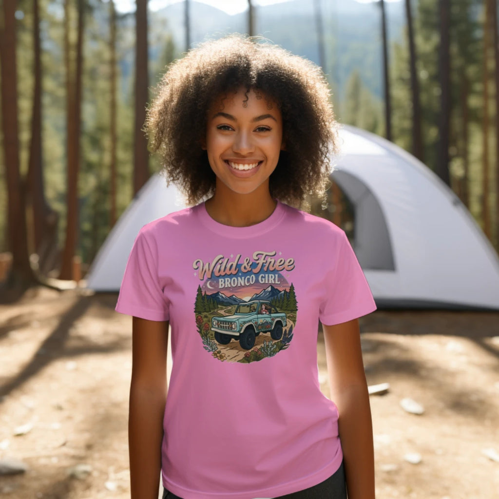 Wild & Free Bronco Girl Tee – Vintage Ford Bronco Women’s Off-Road Adventure Shirt T-Shirt