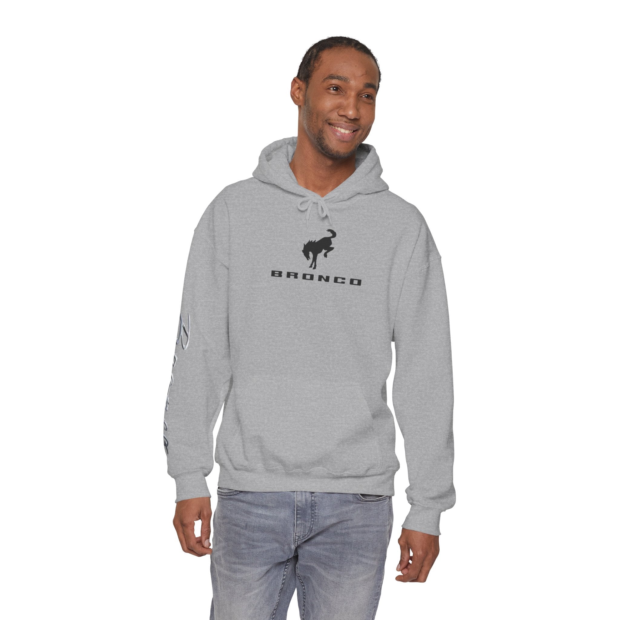 Bronco Logo Hoodie – Bucking Bronco with Distressed American Flag Tire-Track Back Hoodie