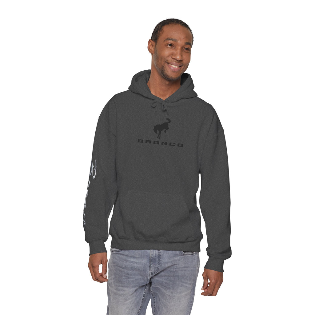 Bronco Logo Hoodie – Bucking Bronco with Distressed American Flag Tire-Track Back Hoodie