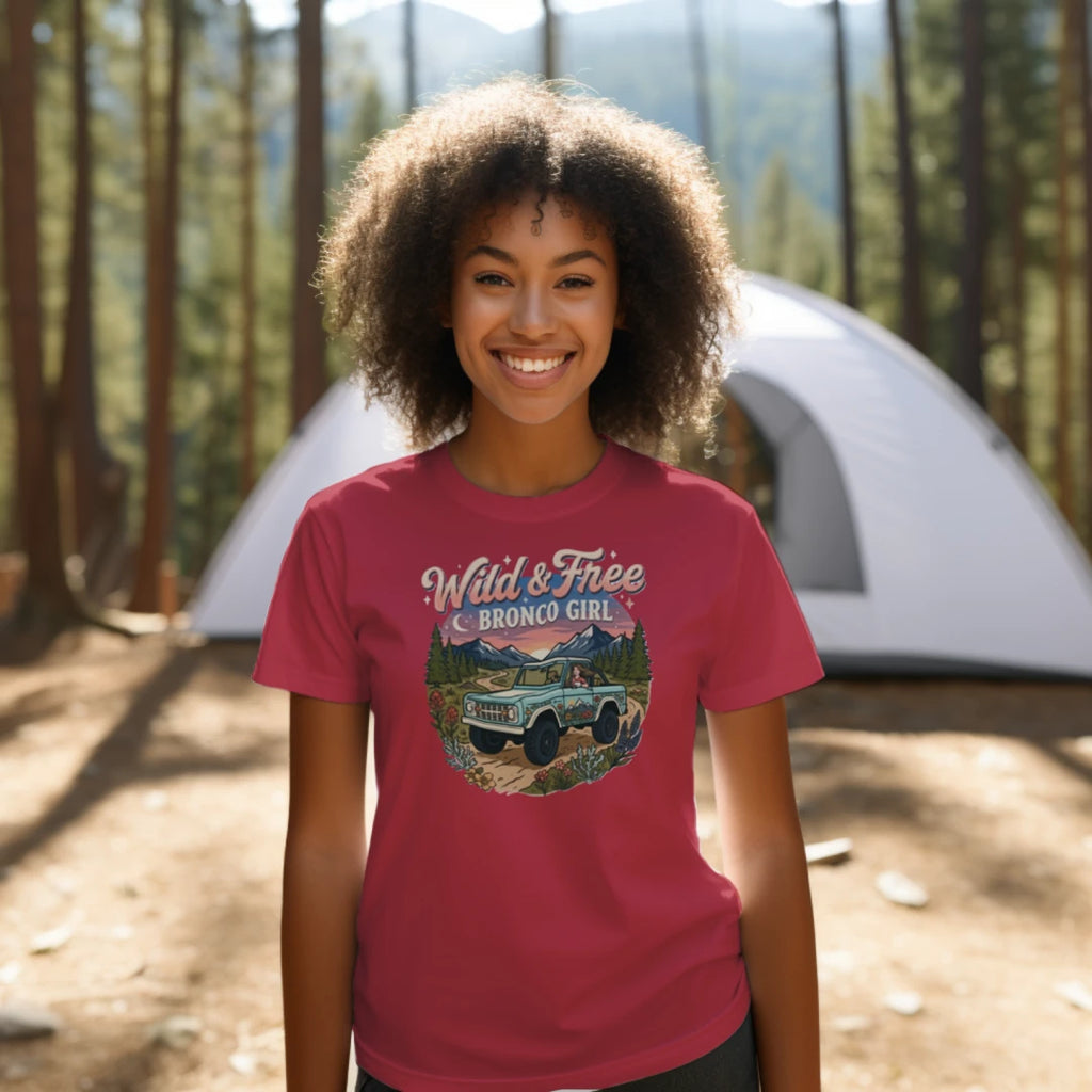 Wild & Free Bronco Girl Tee – Vintage Ford Bronco Women’s Off-Road Adventure Shirt T-Shirt