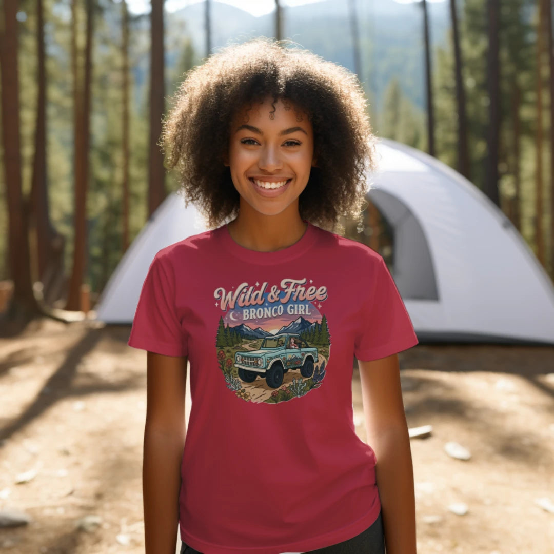 Wild & Free Bronco Girl Tee – Vintage Ford Bronco Women’s Off-Road Adventure Shirt T-Shirt