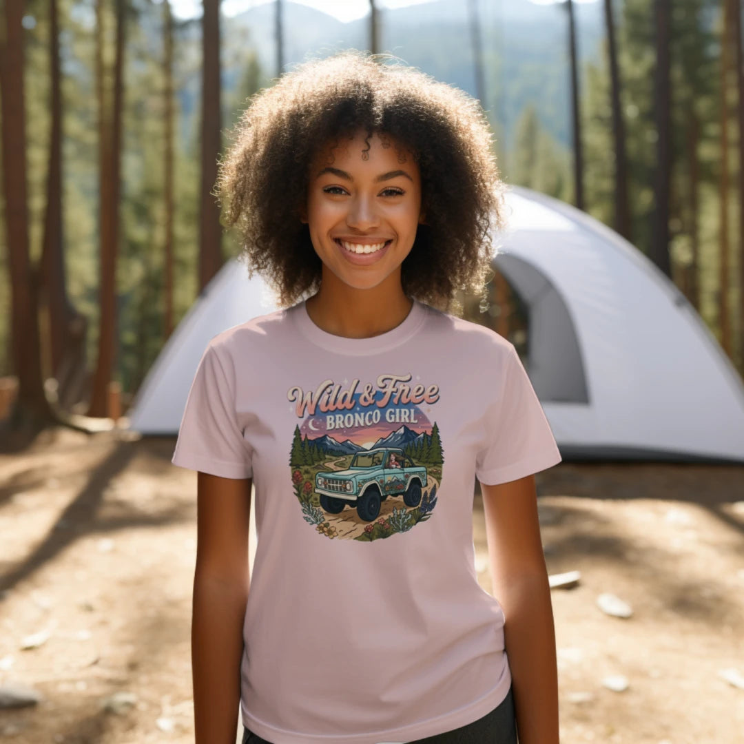 Wild & Free Bronco Girl Tee – Vintage Ford Bronco Women’s Off-Road Adventure Shirt T-Shirt