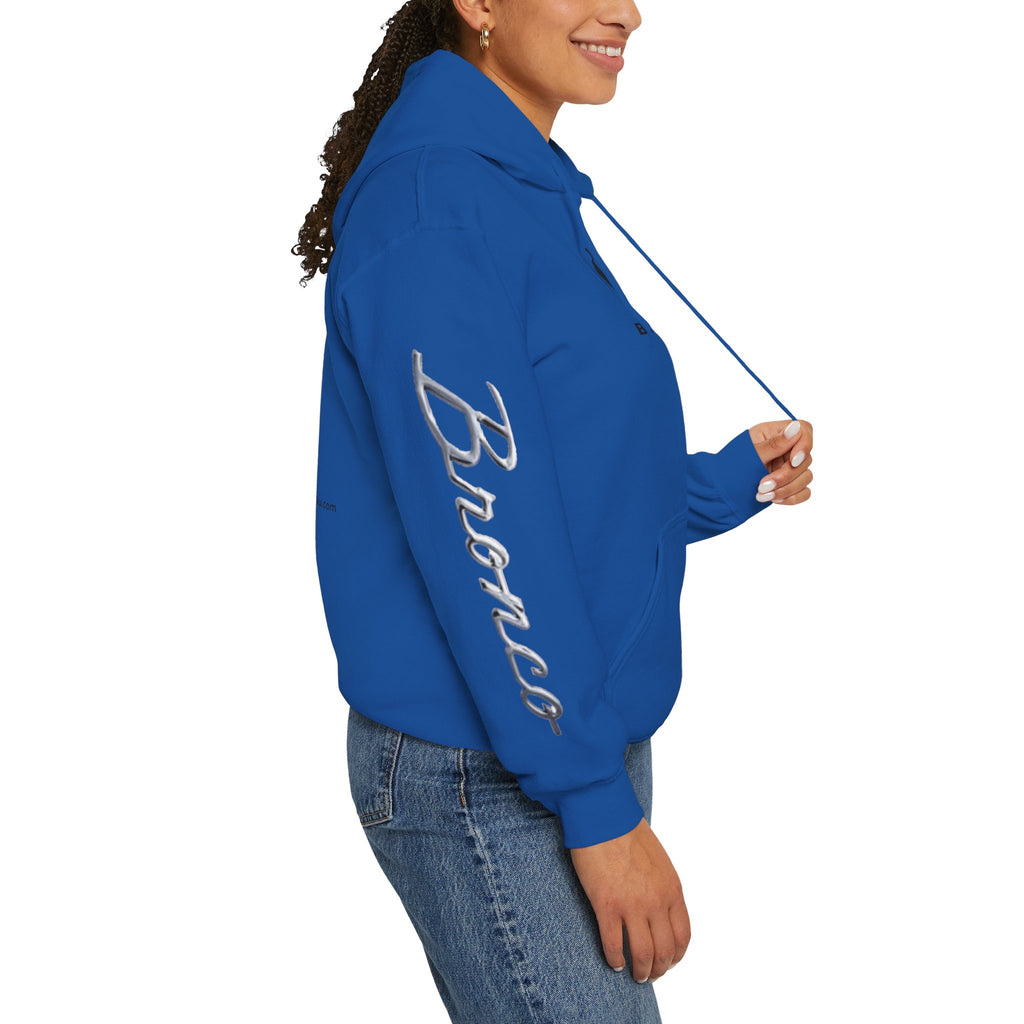 Bronco Logo Hoodie – Bucking Bronco with Distressed American Flag Tire-Track Back Hoodie