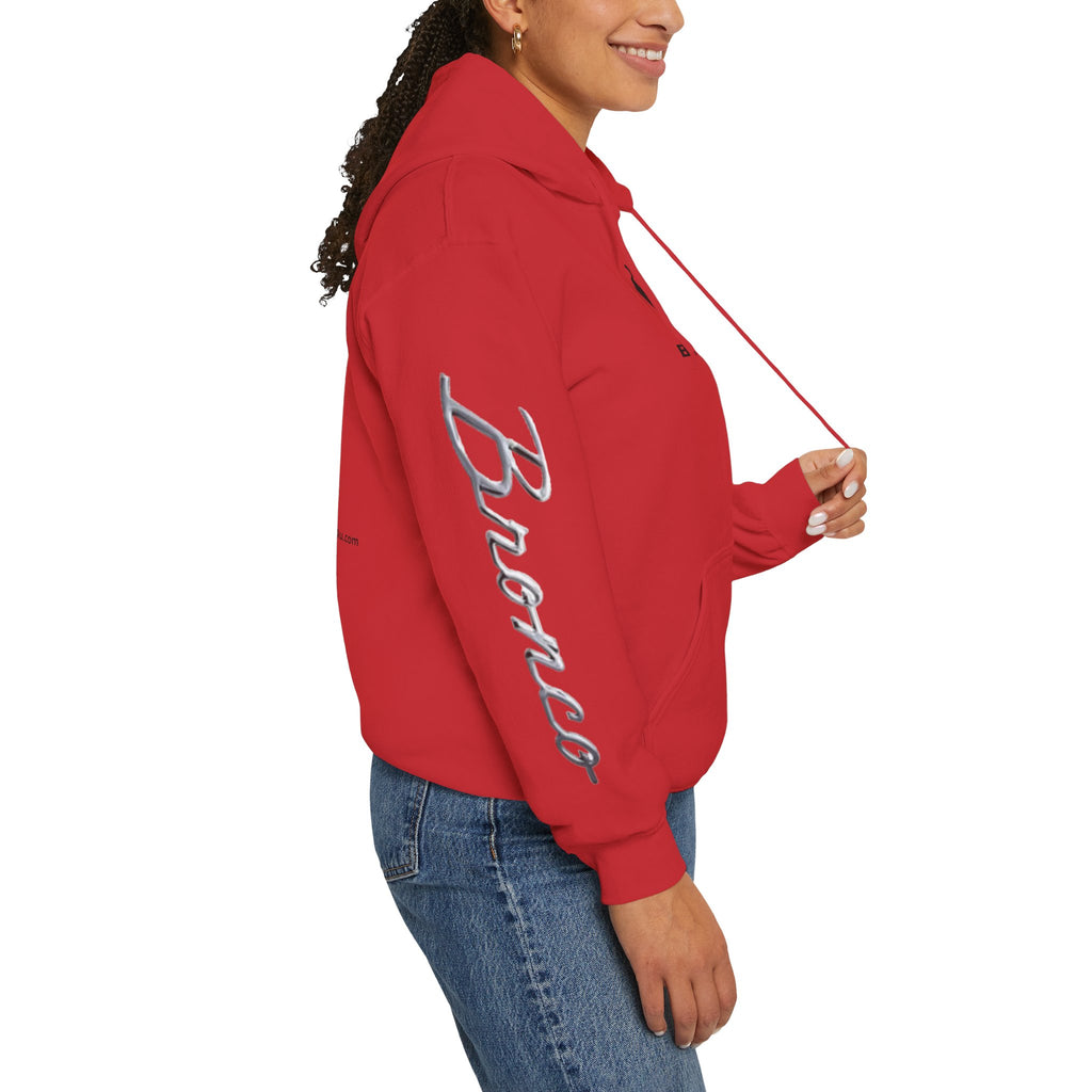 Bronco Logo Hoodie – Bucking Bronco with Distressed American Flag Tire-Track Back Hoodie
