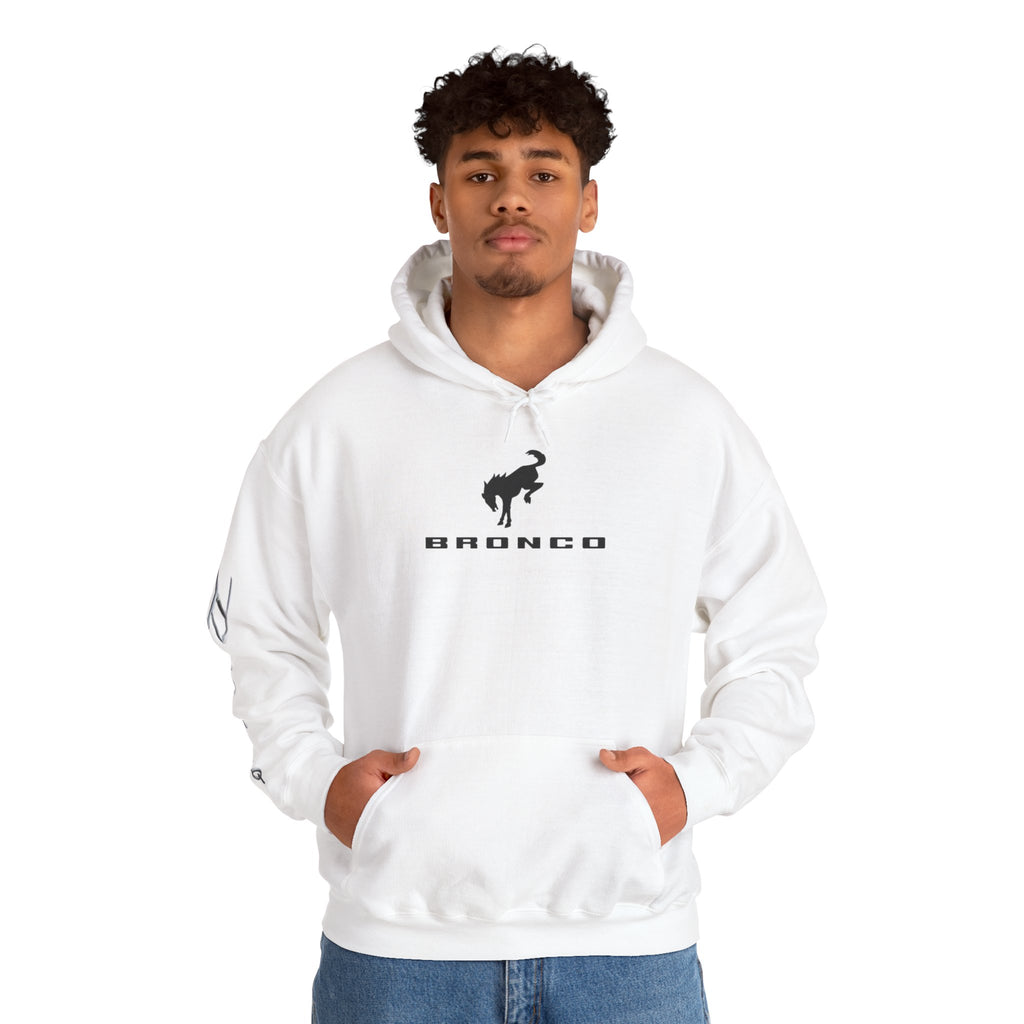 Bronco Logo Hoodie – Bucking Bronco with Distressed American Flag Tire-Track Back White Hoodie