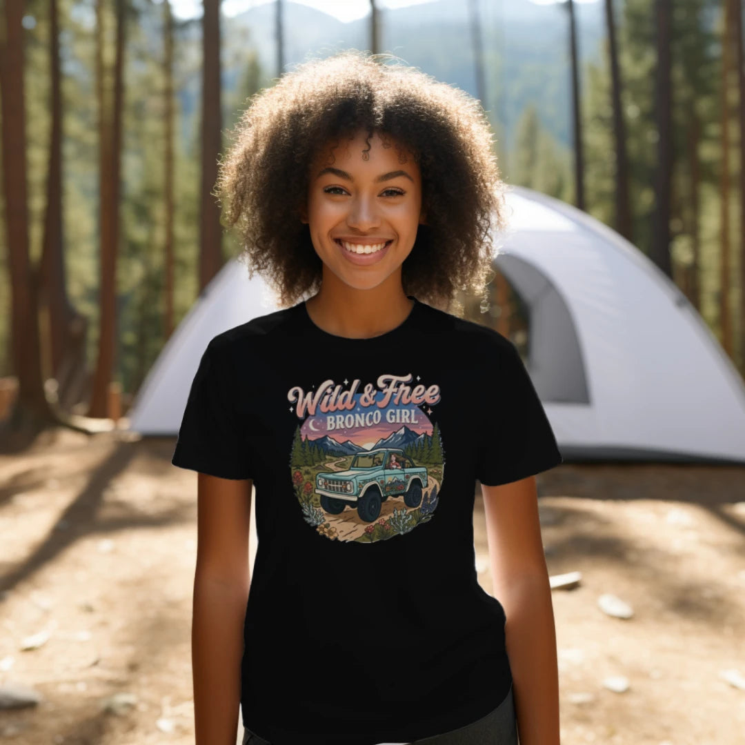 Wild & Free Bronco Girl Tee – Vintage Ford Bronco Women’s Off-Road Adventure Shirt T-Shirt