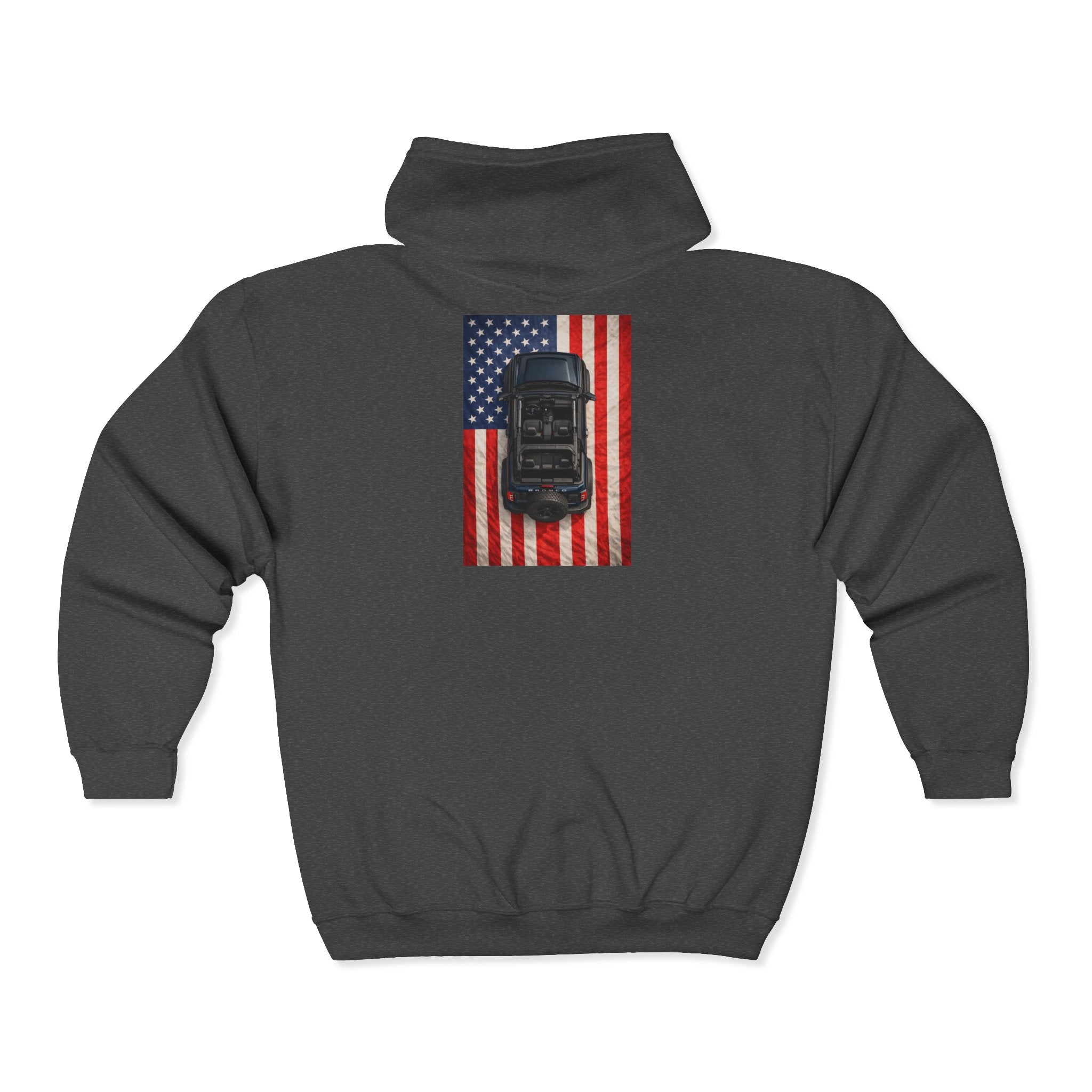 Bronco Life Patriot Zip-Up Hoodie | Flag Back & Cozy Fleece for Sunset Trail Rides