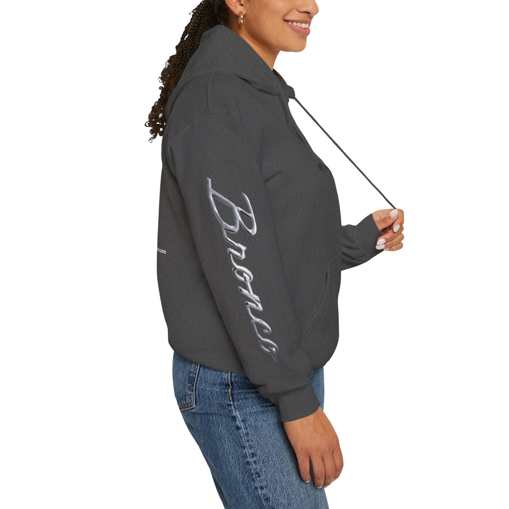 Bronco Logo Hoodie – Bucking Bronco with Distressed American Flag Tire-Track Back Hoodie