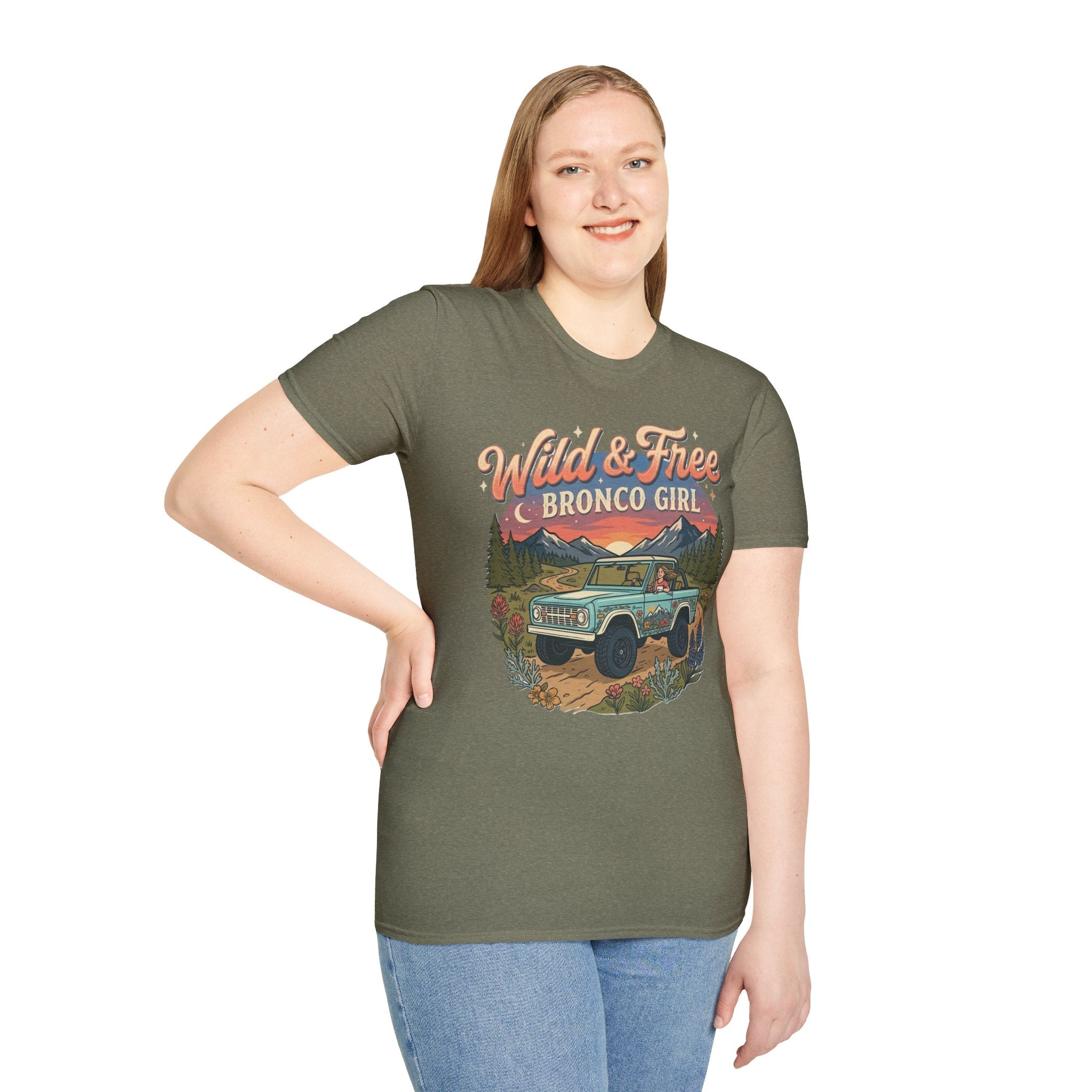 Wild & Free Bronco Girl Tee – Vintage Ford Bronco Women’s Off-Road Adventure Shirt