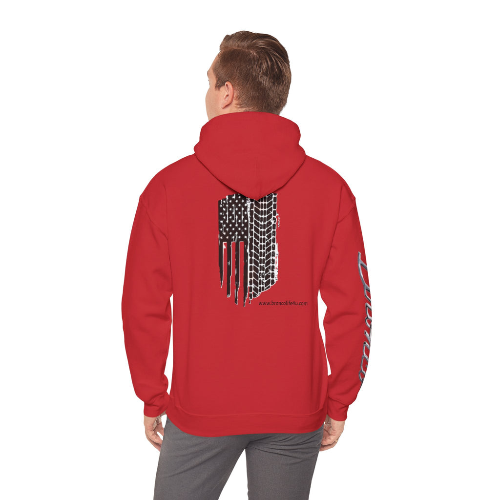 Bronco Logo Hoodie – Bucking Bronco with Distressed American Flag Tire-Track Back Hoodie