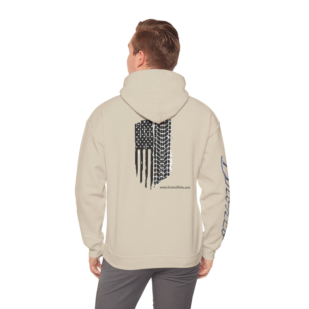 Bronco Logo Hoodie – Bucking Bronco with Distressed American Flag Tire-Track Back Hoodie