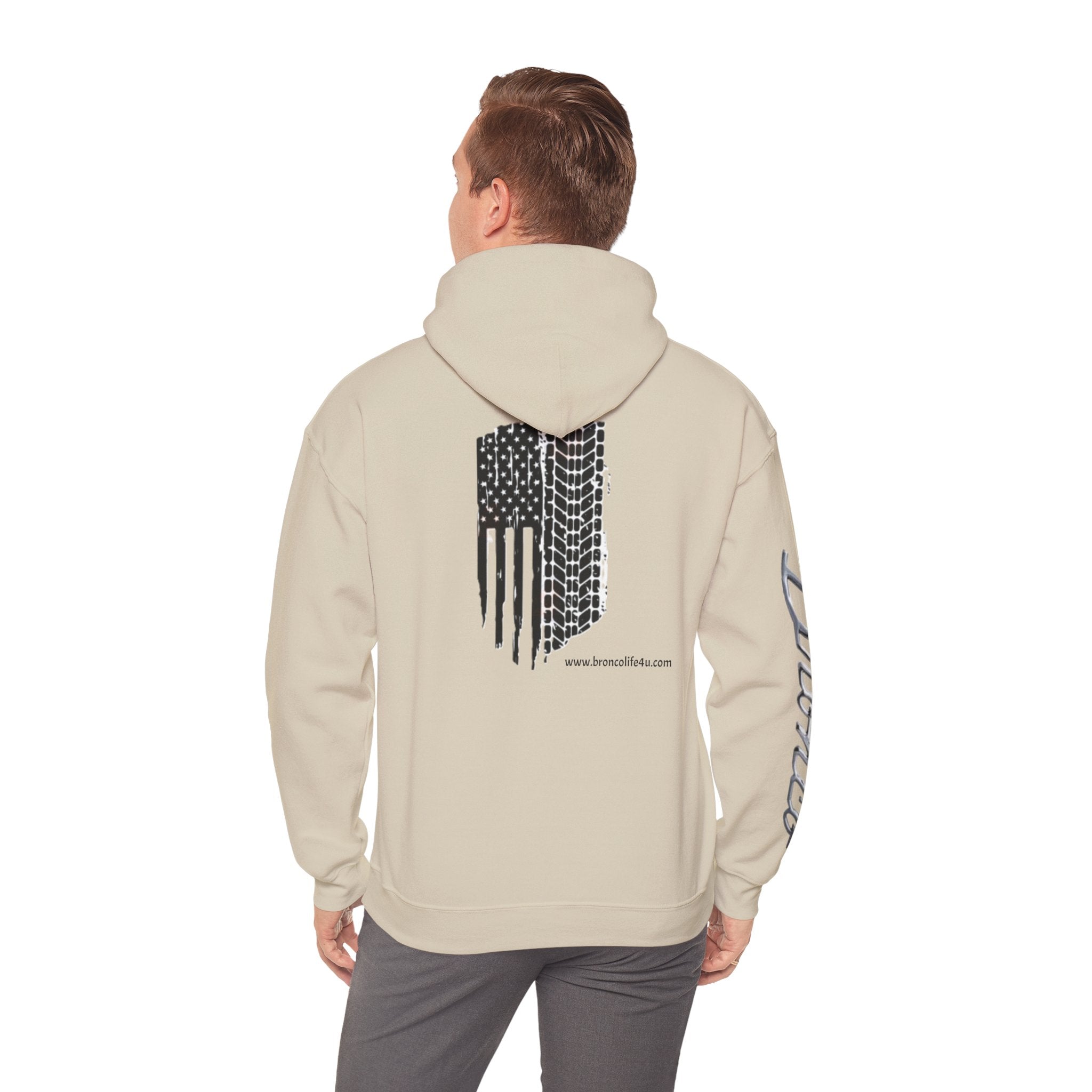 Bronco Logo Hoodie – Bucking Bronco with Distressed American Flag Tire-Track Back Hoodie