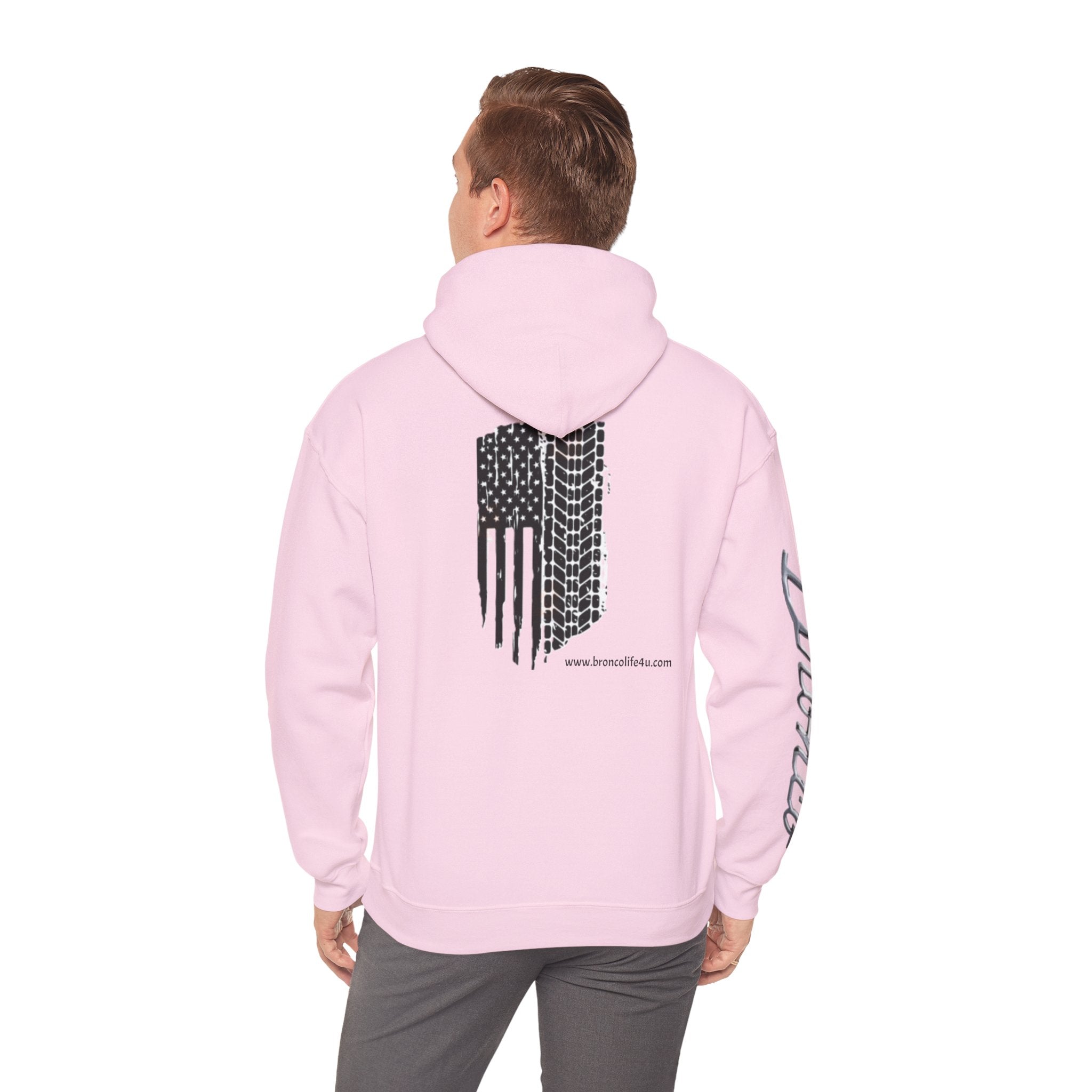 Bronco Logo Hoodie – Bucking Bronco with Distressed American Flag Tire-Track Back Hoodie