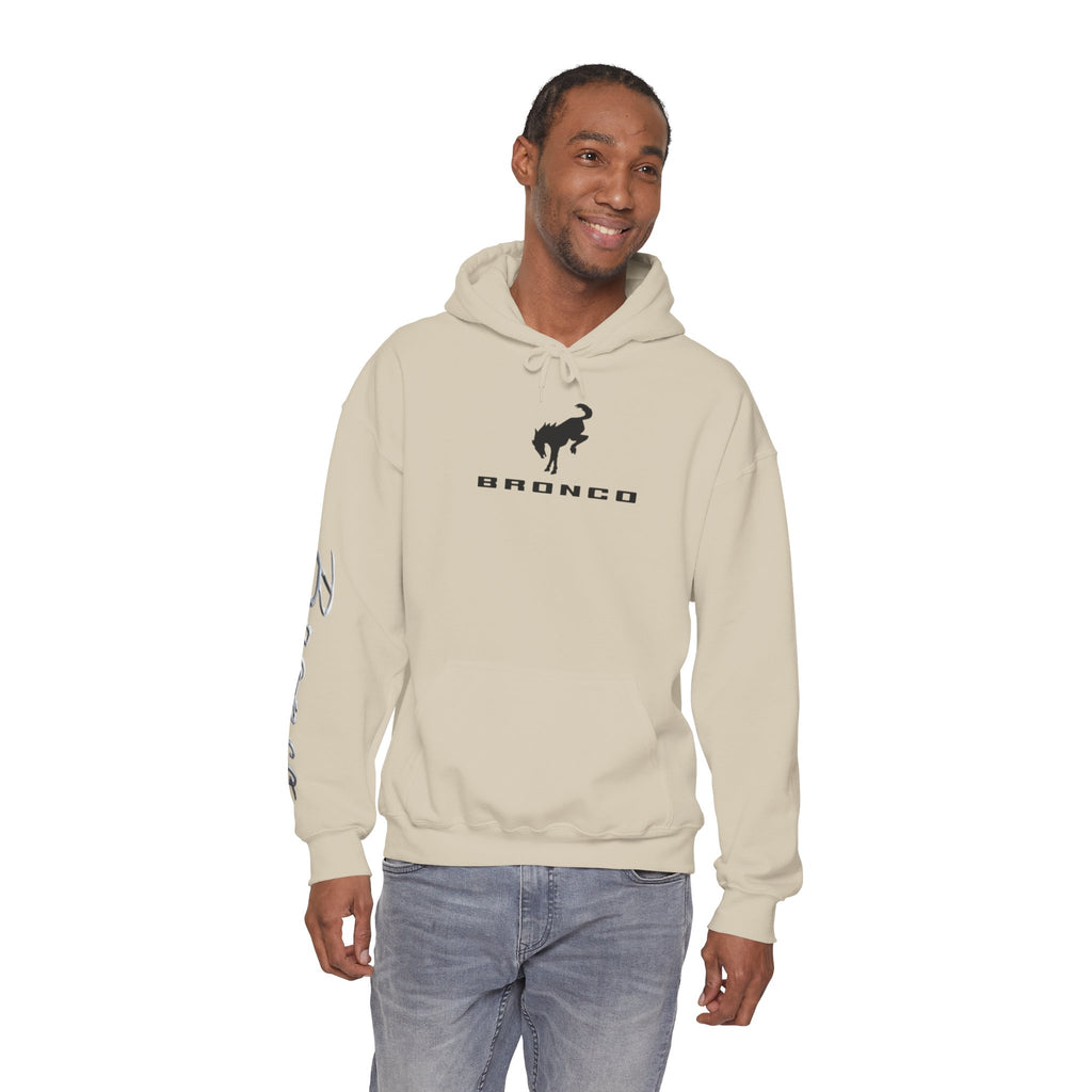 Bronco Logo Hoodie – Bucking Bronco with Distressed American Flag Tire-Track Back Hoodie