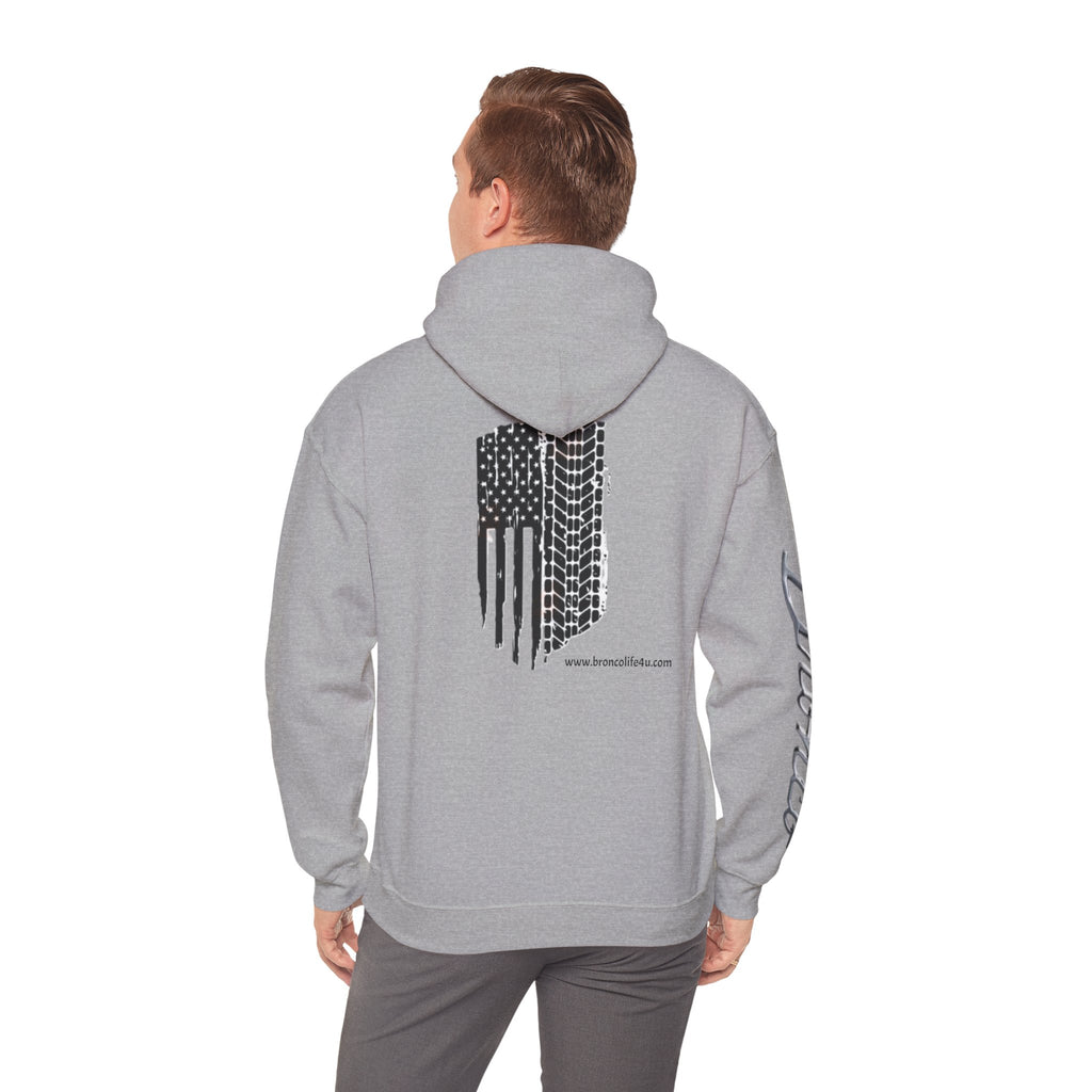Bronco Logo Hoodie – Bucking Bronco with Distressed American Flag Tire-Track Back Hoodie