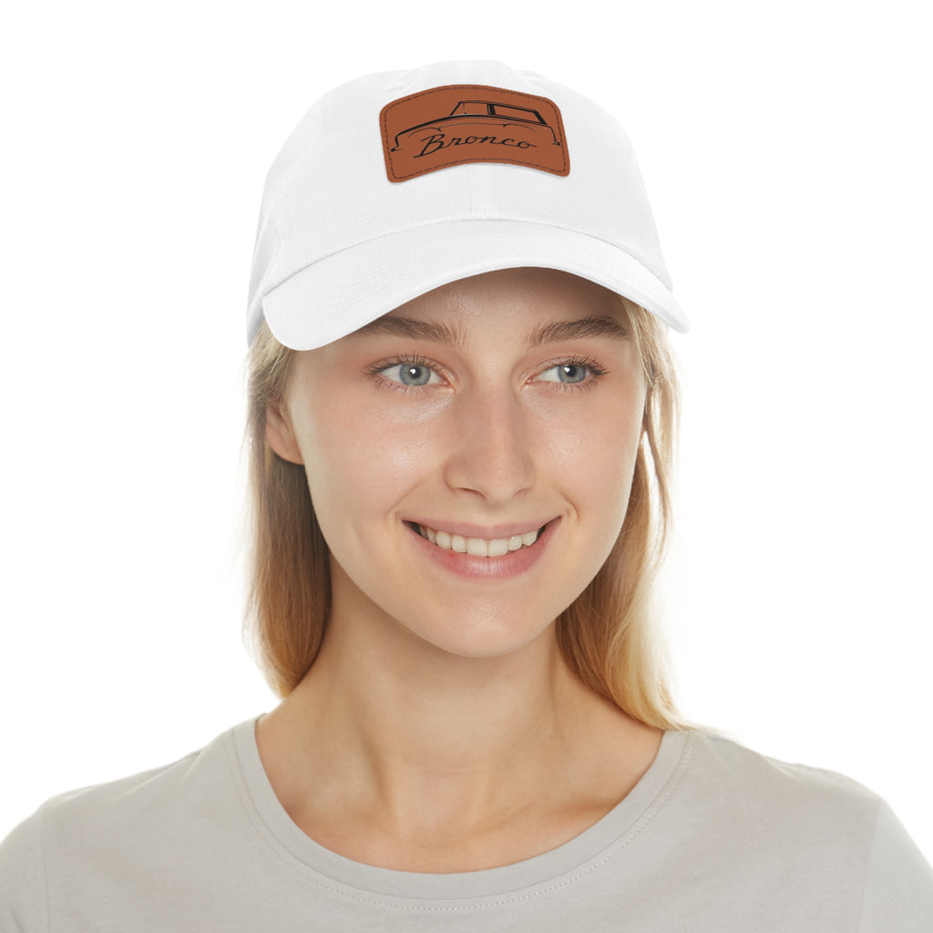The Original Legend Dad Hat — Vintage Bronco Leather Patch Edition White Light Brown patch Rectangle One size Hats