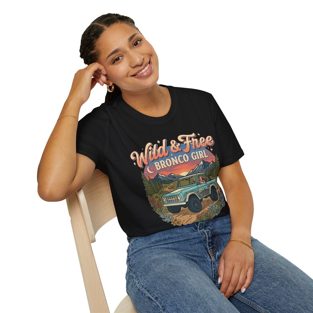 Wild & Free Bronco Girl Tee – Vintage Ford Bronco Women’s Off-Road Adventure Shirt