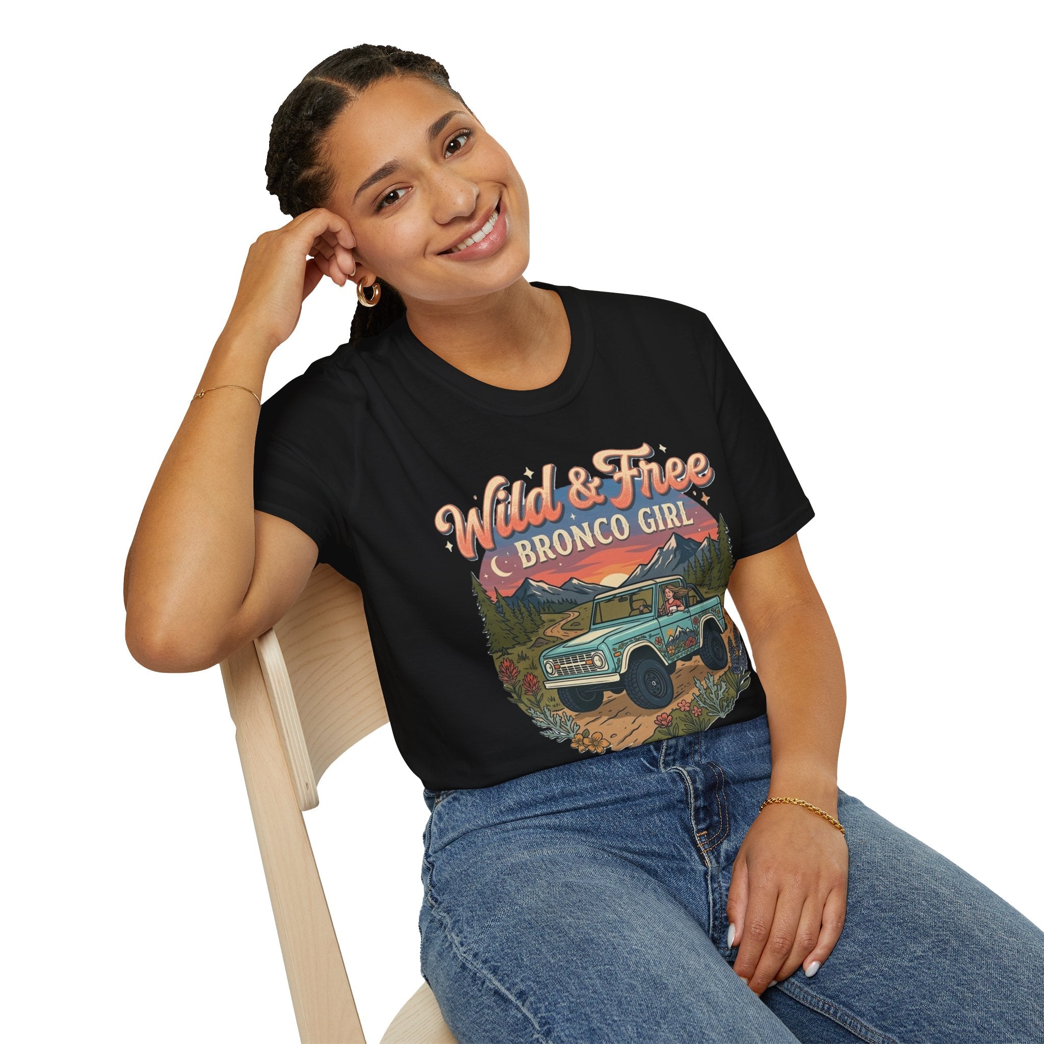 Wild & Free Bronco Girl Tee – Vintage Ford Bronco Women’s Off-Road Adventure Shirt