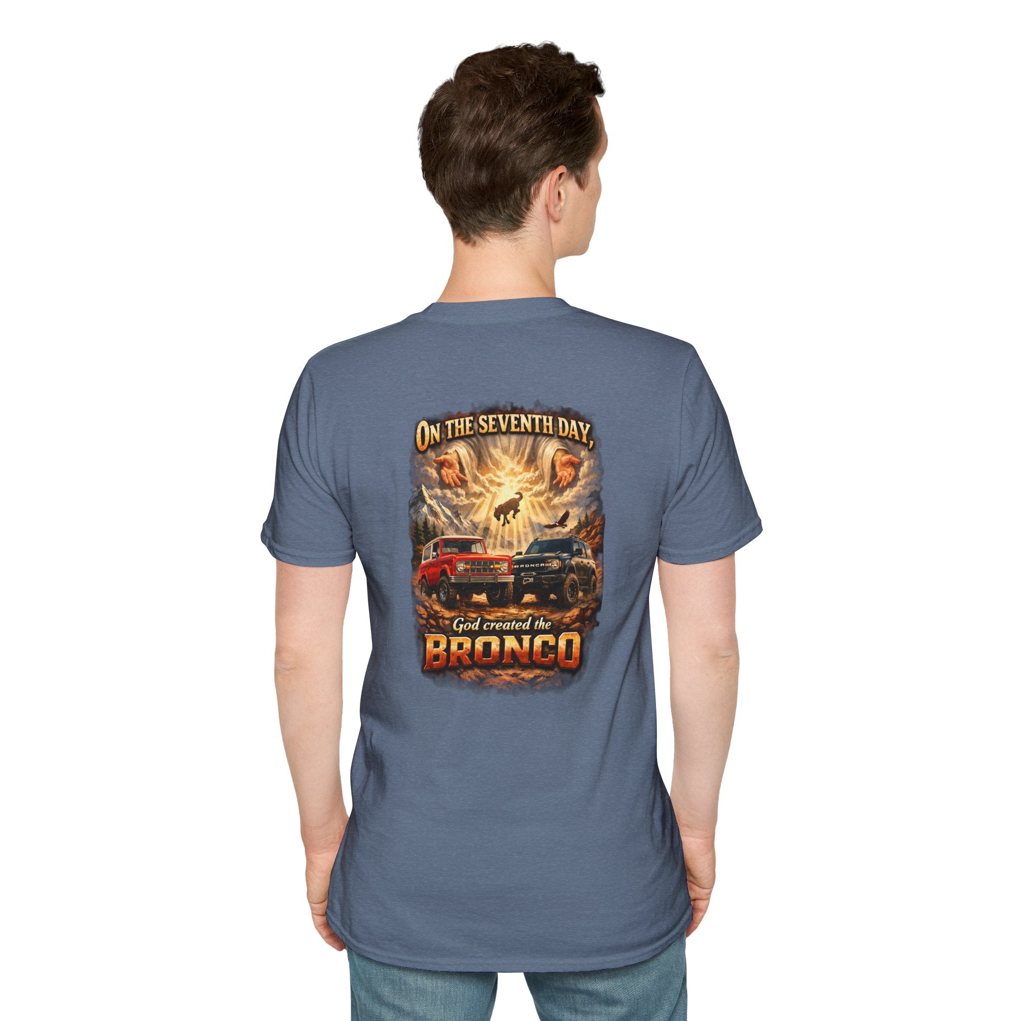On the Seventh Day God Created the Bronco Tee – Vintage Ford Bronco Graphic Shirt
