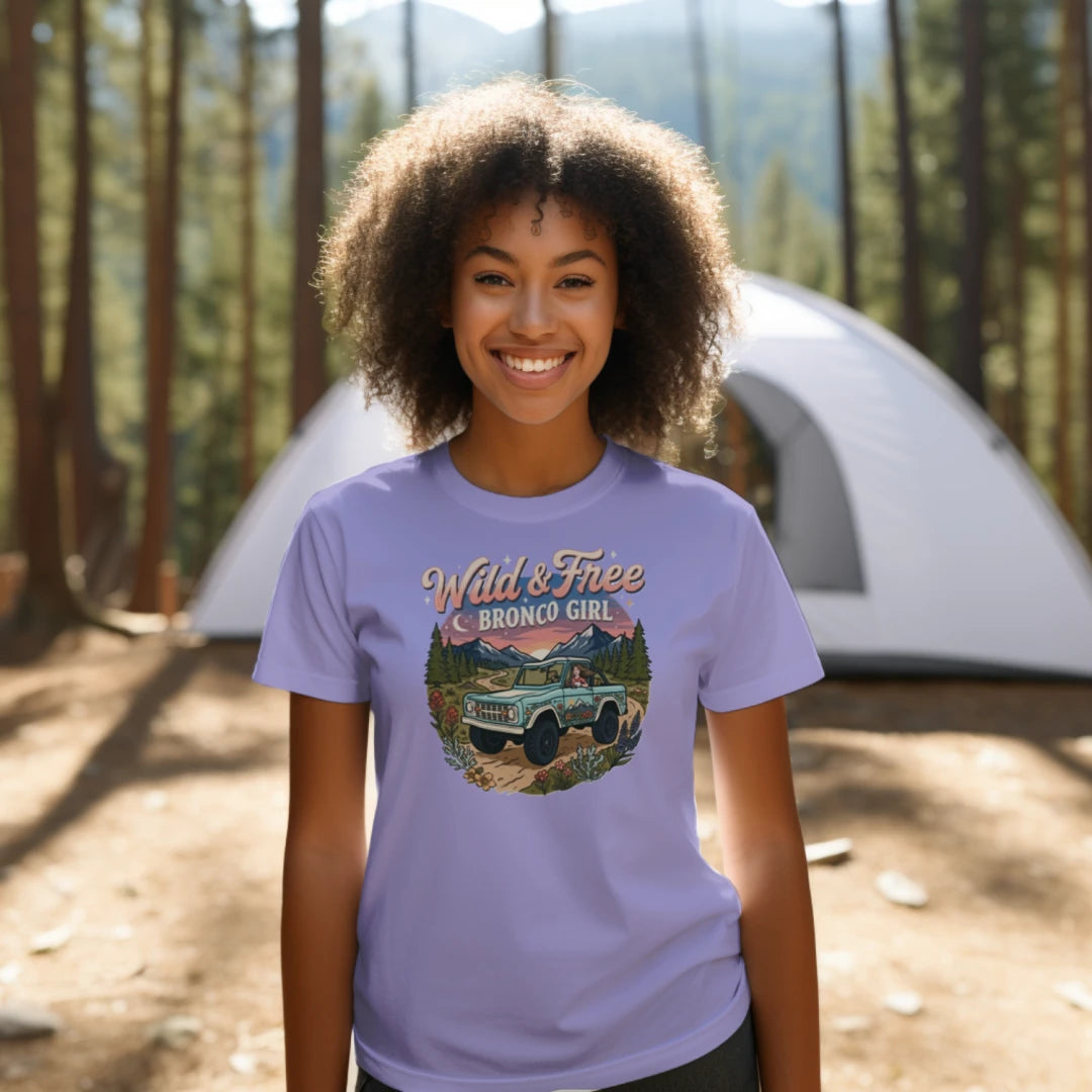 Wild & Free Bronco Girl Tee – Vintage Ford Bronco Women’s Off-Road Adventure Shirt T-Shirt