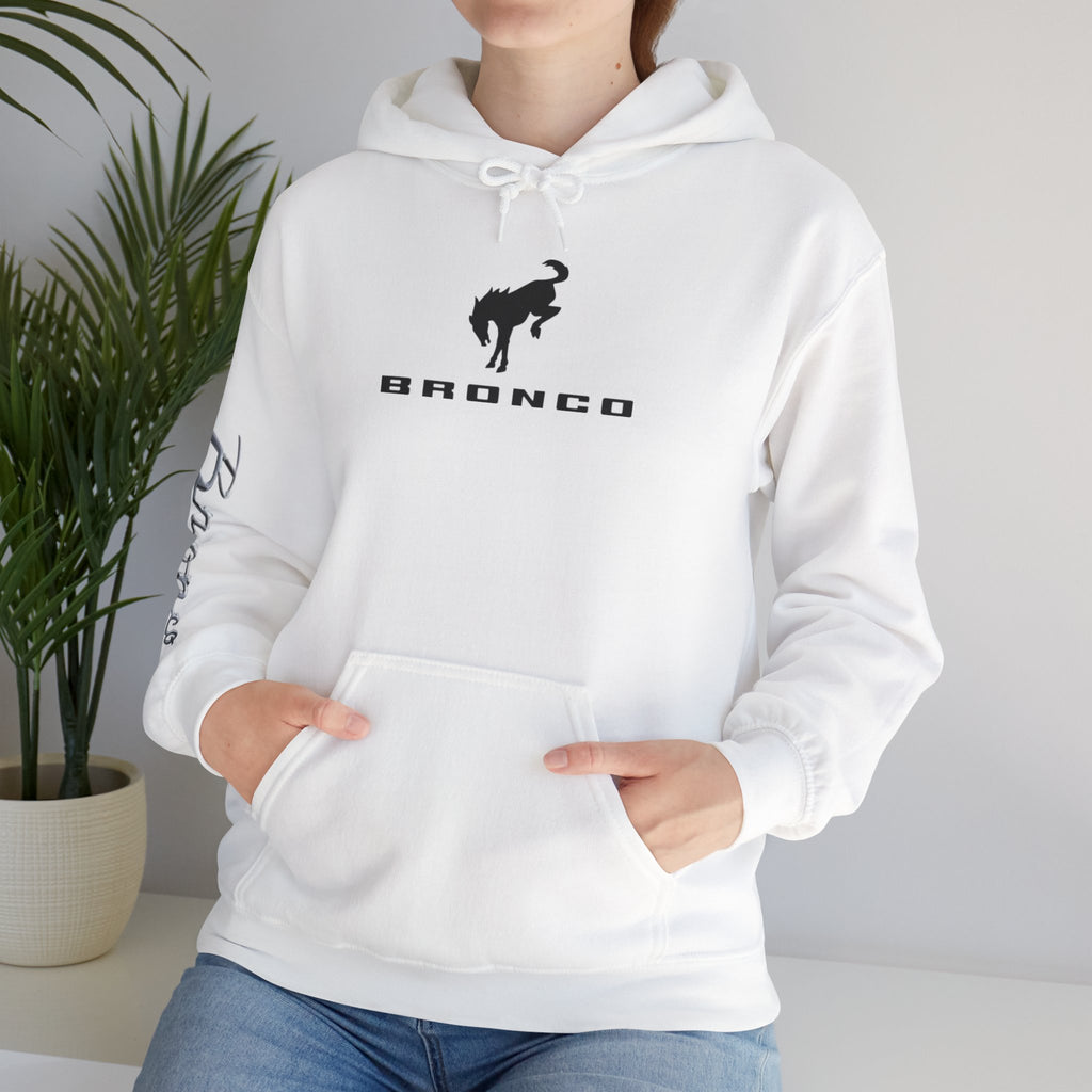 Bronco Logo Hoodie – Bucking Bronco with Distressed American Flag Tire-Track Back Hoodie