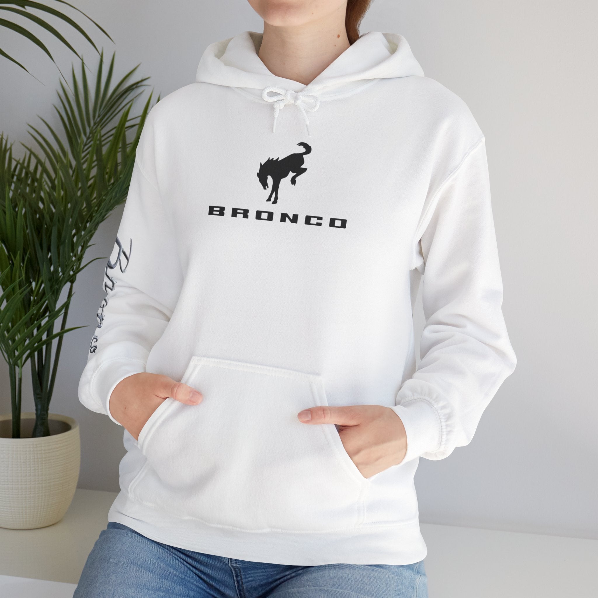 Bronco Logo Hoodie – Bucking Bronco with Distressed American Flag Tire-Track Back
