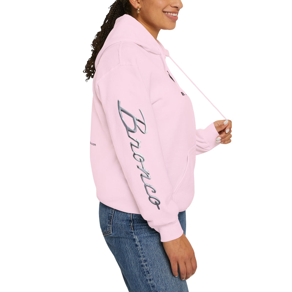 Bronco Logo Hoodie – Bucking Bronco with Distressed American Flag Tire-Track Back Hoodie