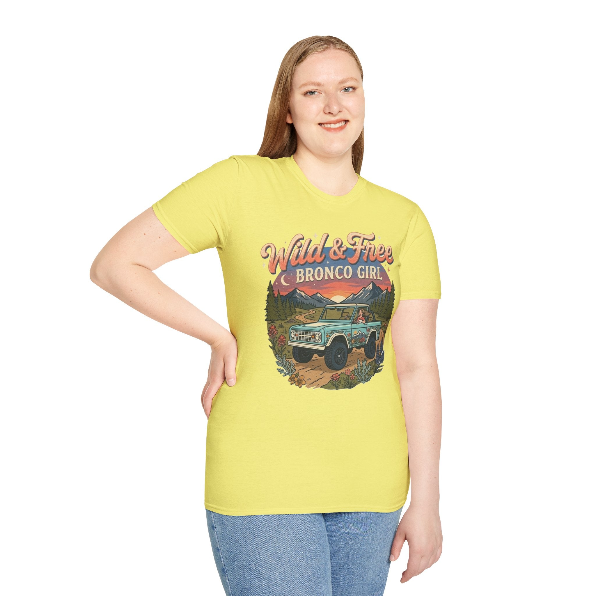 Wild & Free Bronco Girl Tee – Vintage Ford Bronco Women’s Off-Road Adventure Shirt