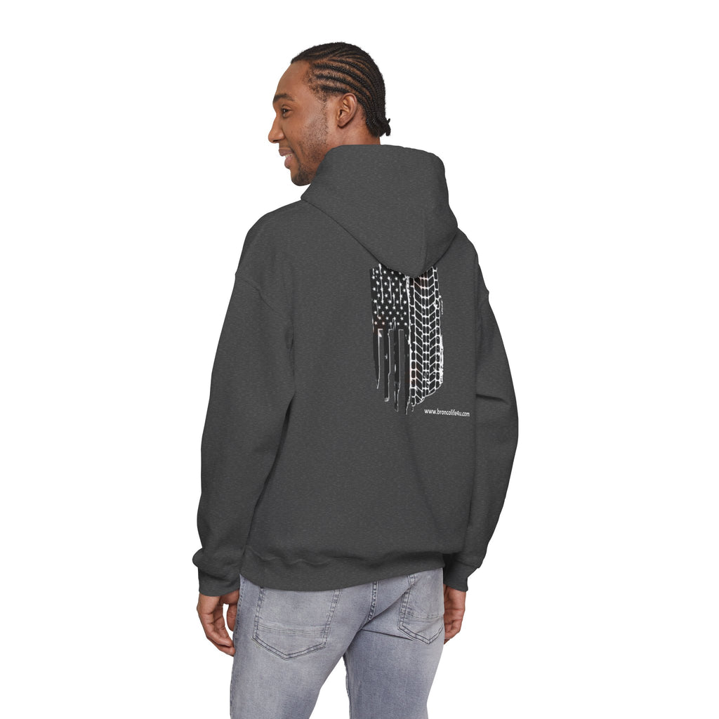 Bronco Logo Hoodie – Bucking Bronco with Distressed American Flag Tire-Track Back Hoodie