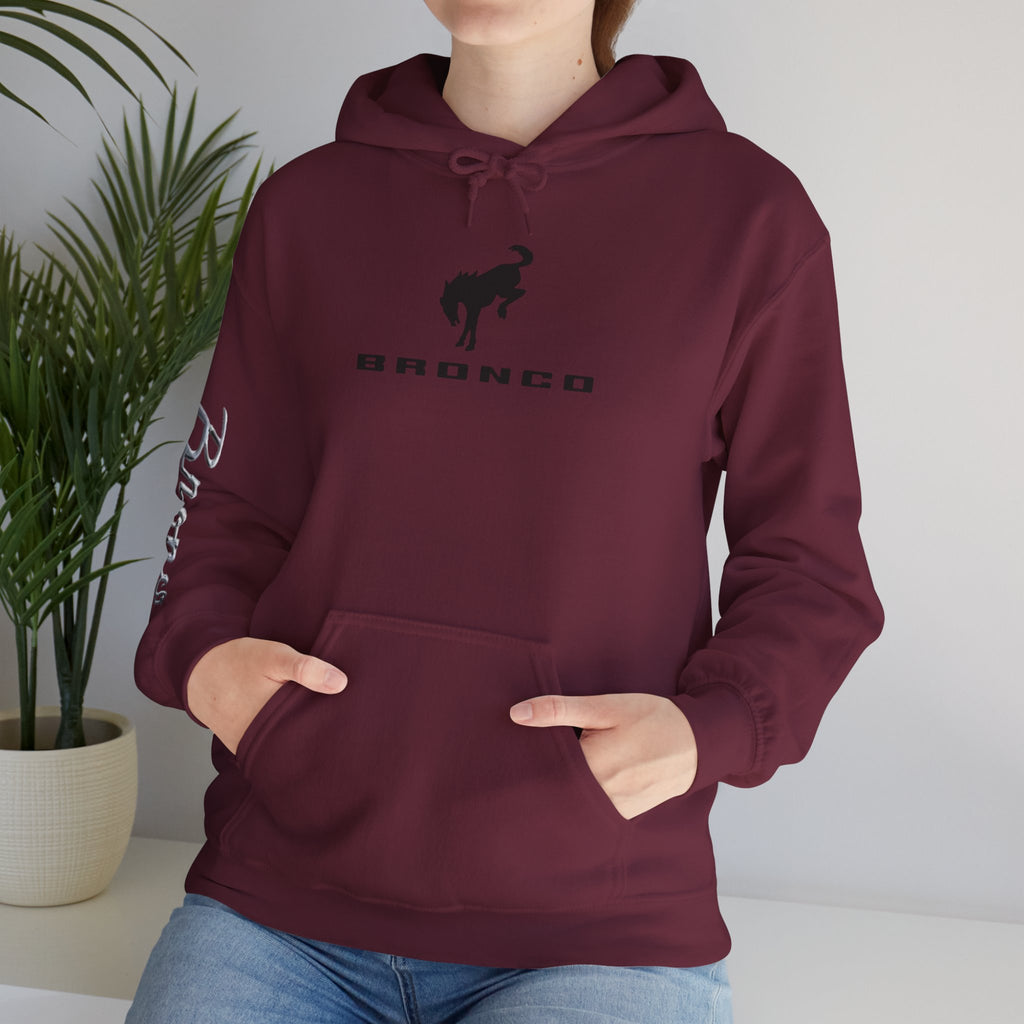 Bronco Logo Hoodie – Bucking Bronco with Distressed American Flag Tire-Track Back Hoodie
