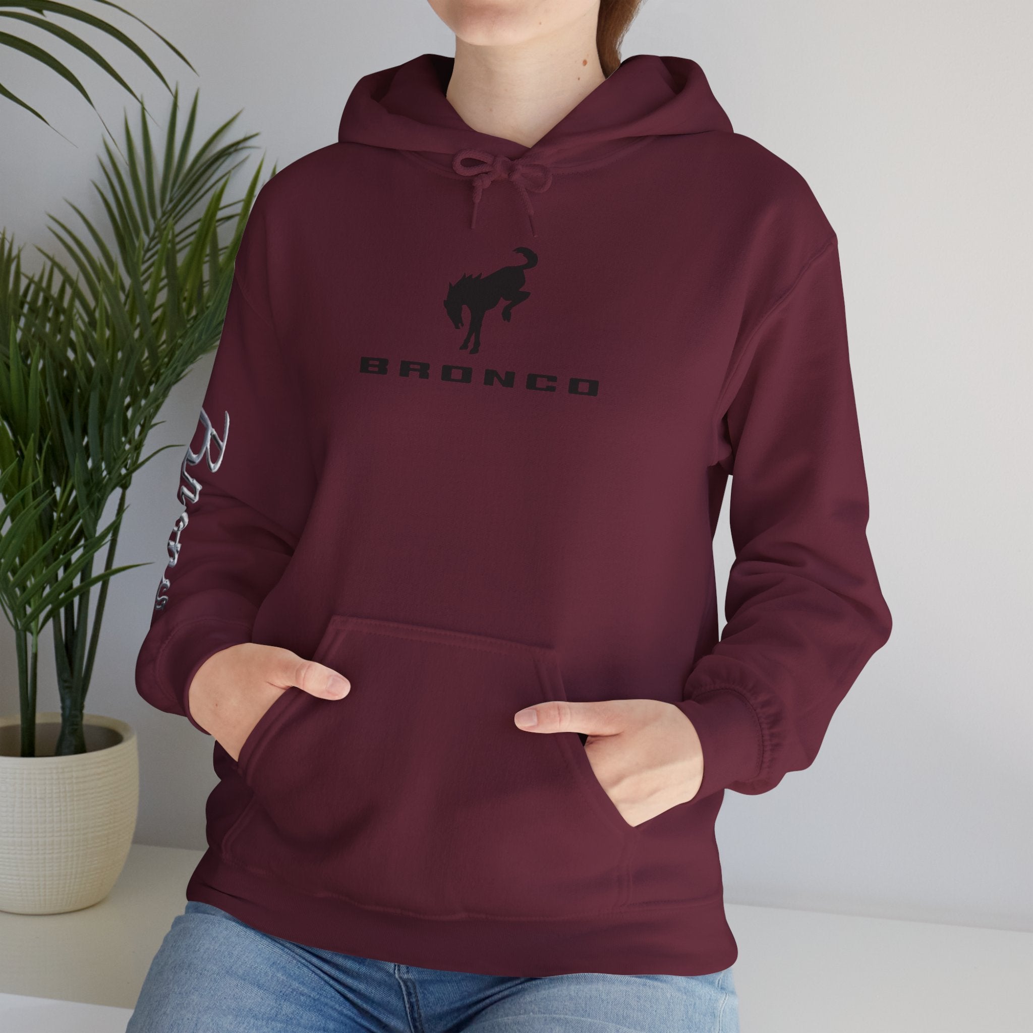 Bronco Logo Hoodie – Bucking Bronco with Distressed American Flag Tire-Track Back Hoodie