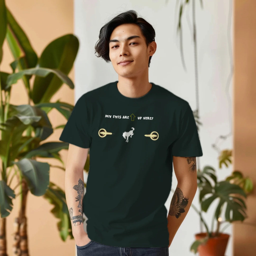 “My Eyes Are Up Here” Bronco Yellow Headlights Tee — The Ultimate Bronco Life Icebreaker T-Shirt