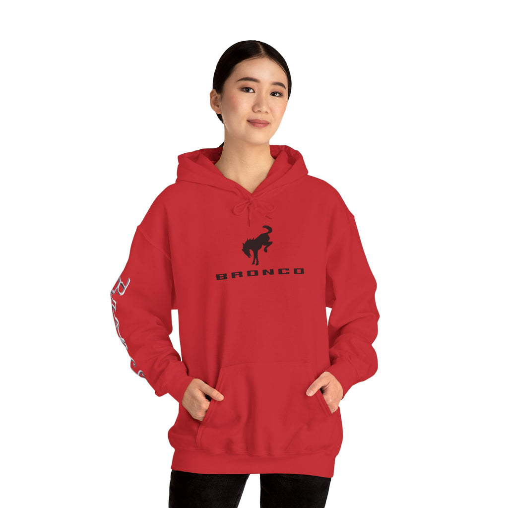 Bronco Logo Hoodie – Bucking Bronco with Distressed American Flag Tire-Track Back Red Hoodie