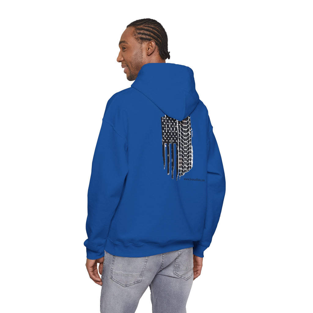 Bronco Logo Hoodie – Bucking Bronco with Distressed American Flag Tire-Track Back Hoodie