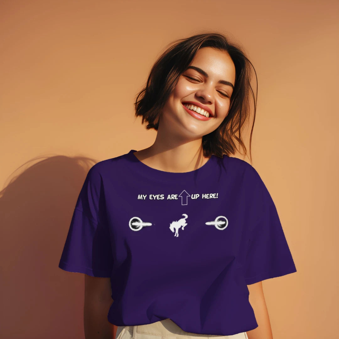 “My Eyes Are Up Here” White Bronco Headlights Tee — The Ultimate Bronco Life Icebreaker T-Shirt