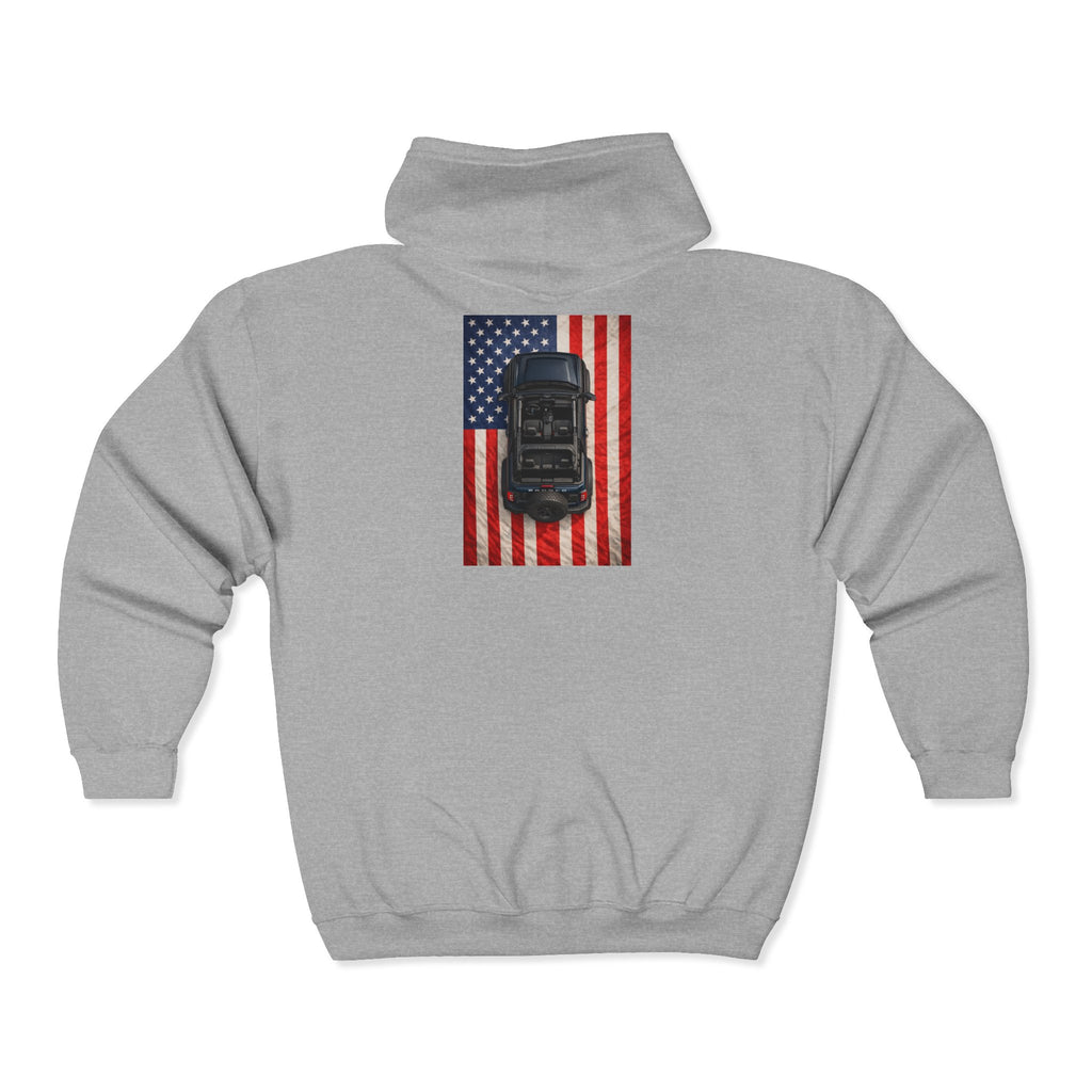 Bronco Life Patriot Zip-Up Hoodie | Flag Back & Cozy Fleece for Sunset Trail Rides