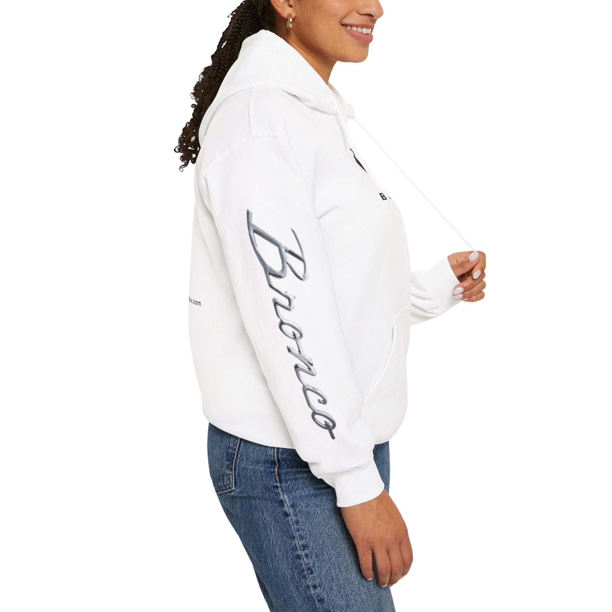 Bronco Logo Hoodie – Bucking Bronco with Distressed American Flag Tire-Track Back Hoodie