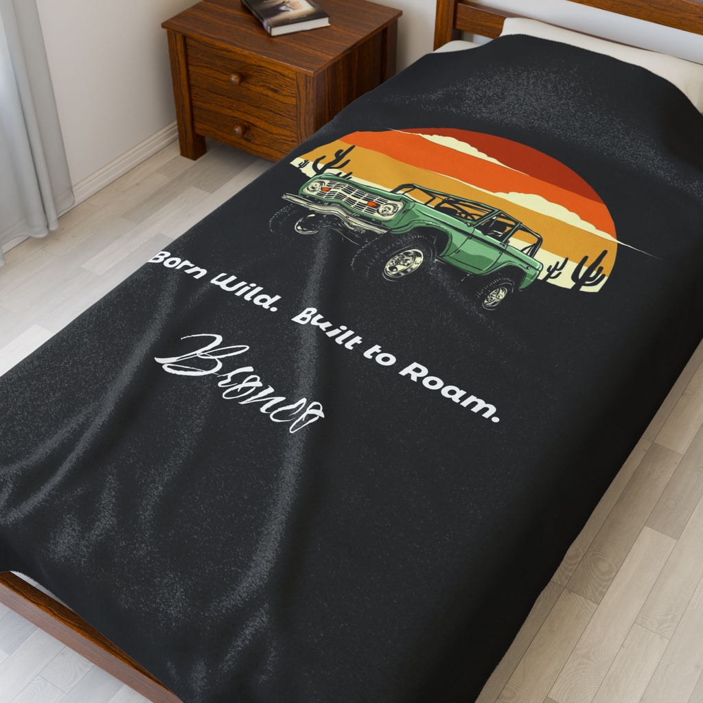 Bronco Life “Ride. Roam. Nap.” Velveteen Plush Blanket – Sunset Vintage Edition