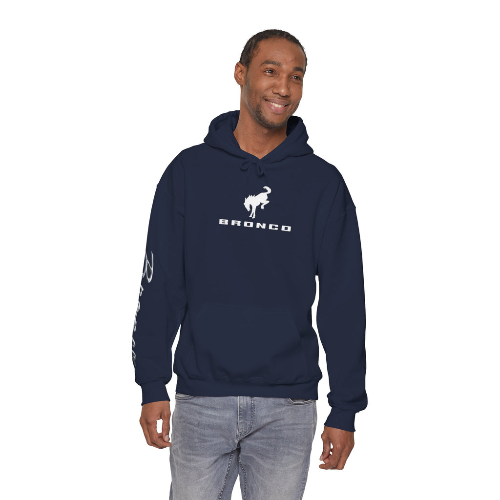 Bronco Logo Hoodie – Bucking Bronco with Distressed American Flag Tire-Track Back Hoodie