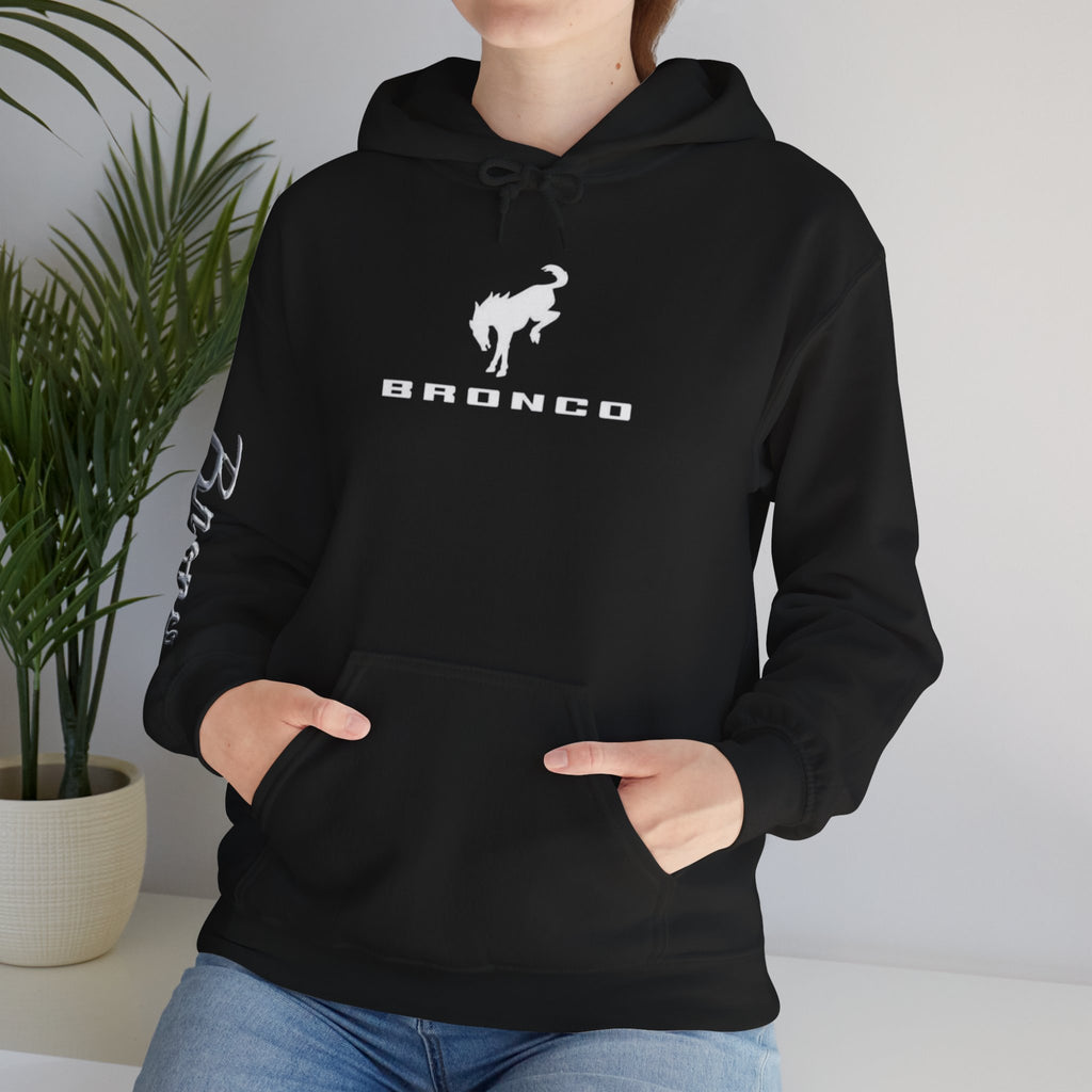 Bronco Logo Hoodie – Bucking Bronco with Distressed American Flag Tire-Track Back Hoodie