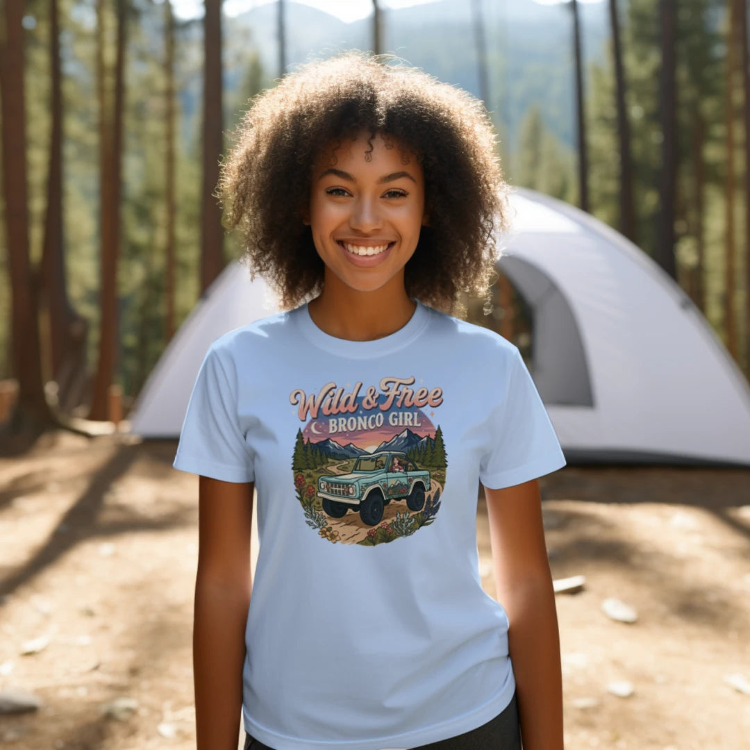 Wild & Free Bronco Girl Tee – Vintage Ford Bronco Women’s Off-Road Adventure Shirt T-Shirt