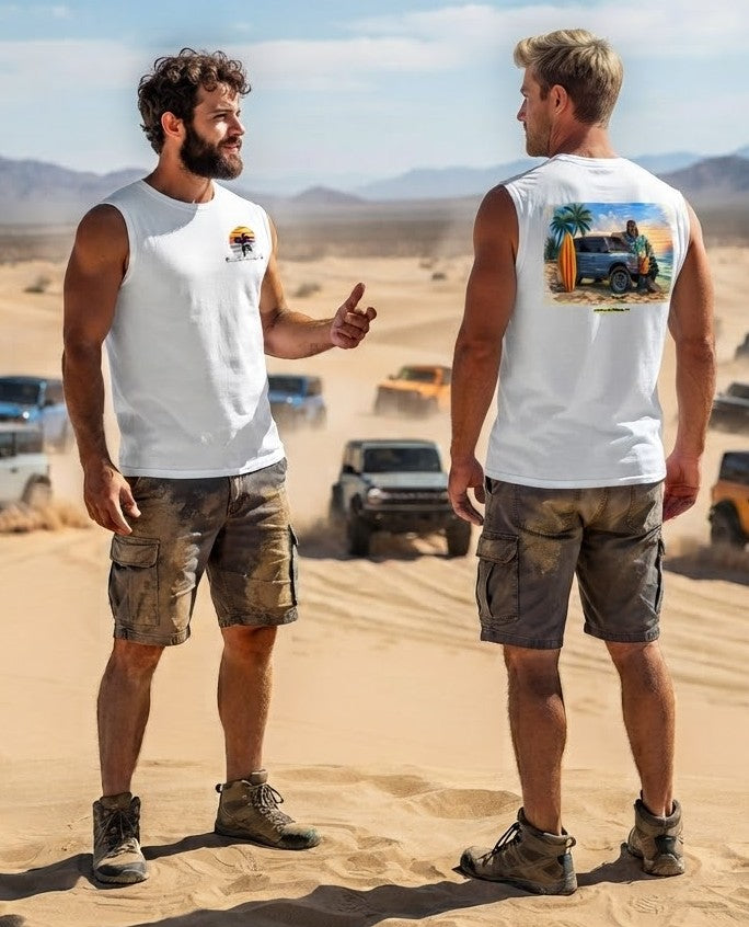 “Bronco Life: Beach Mode Activated” Sleeveless Tee – Sasquatch Surf Edition