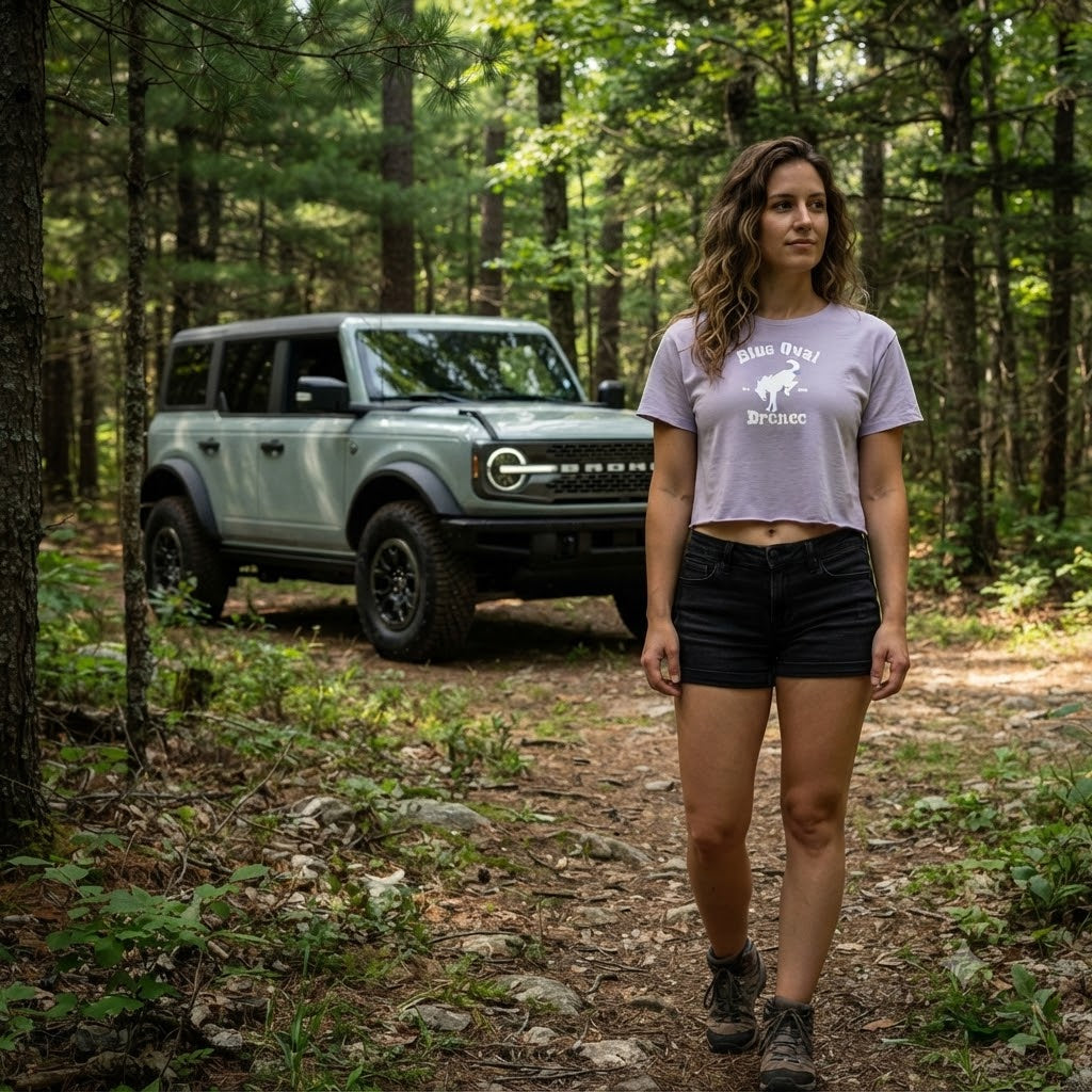 Blue Oval Bronco Women’s Crop Top | Est 1966 Bucking Horse Tee | Vintage Off-Road Style