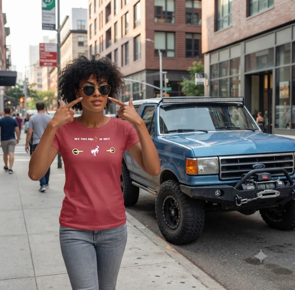 “My Eyes Are Up Here” Bronco Yellow Headlights Tee — The Ultimate Bronco Life Icebreaker
