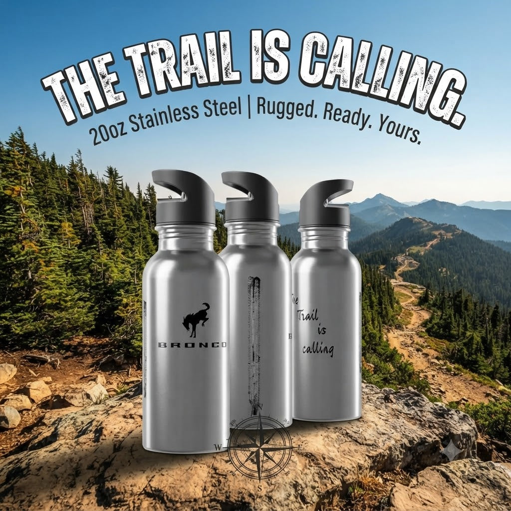 “The Trail Is Calling” Bronco Water Bottle — 20oz Rugged Hydration for Wild Rides